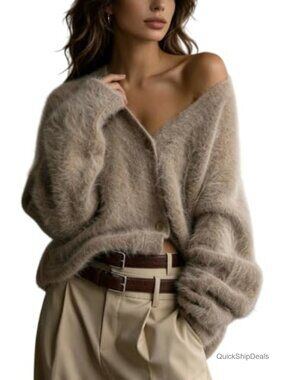Fuzzy Mohair-Blend Knit Button Down Cardigan Sweater Loose Fit